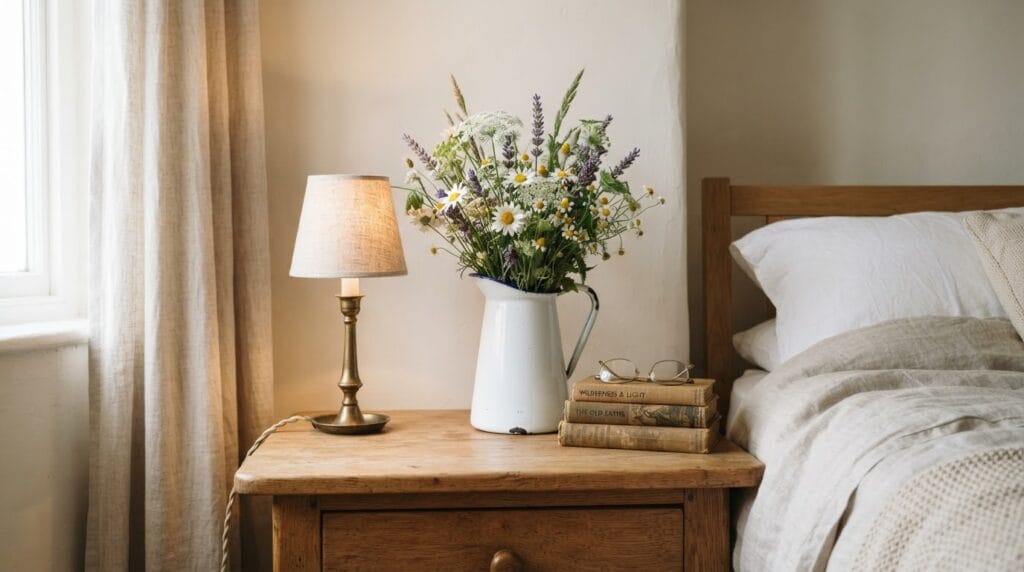 A rustic bedside table with a brass lamp, wildflowers, and vintage books.