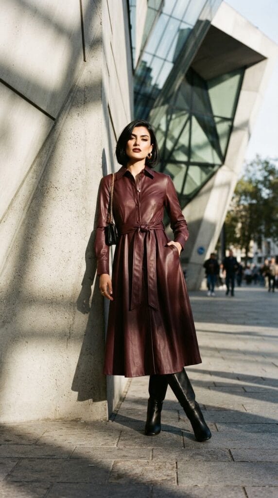 Burgundy belted faux leather midi dress worn against a modern concrete wall.