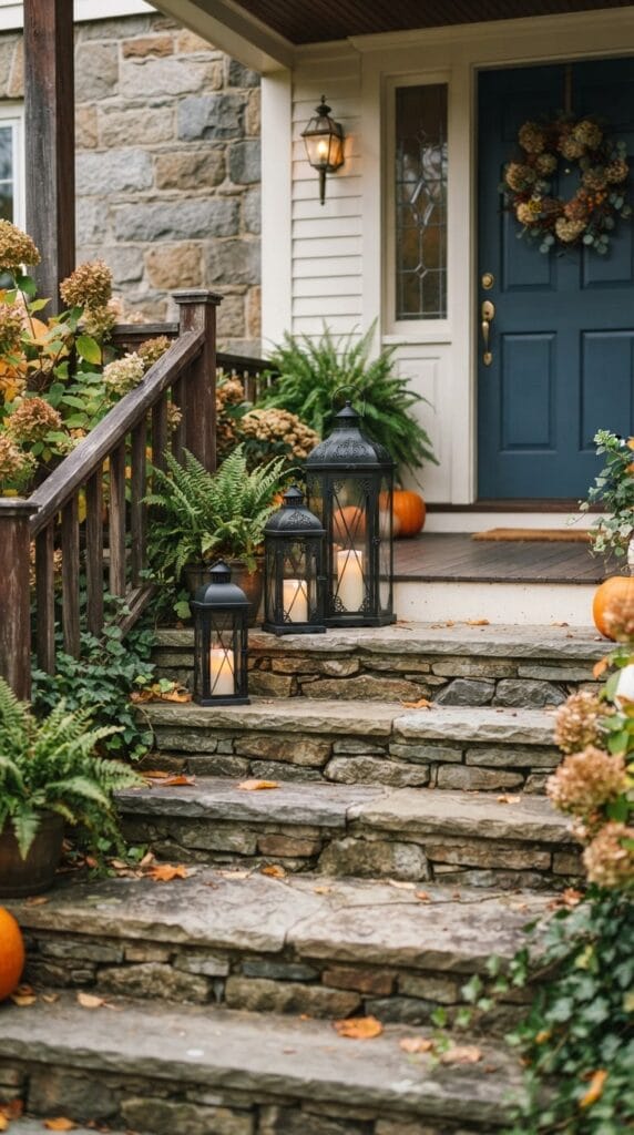 Three black metal lanterns with flickering LED candles lighting stone steps outside.