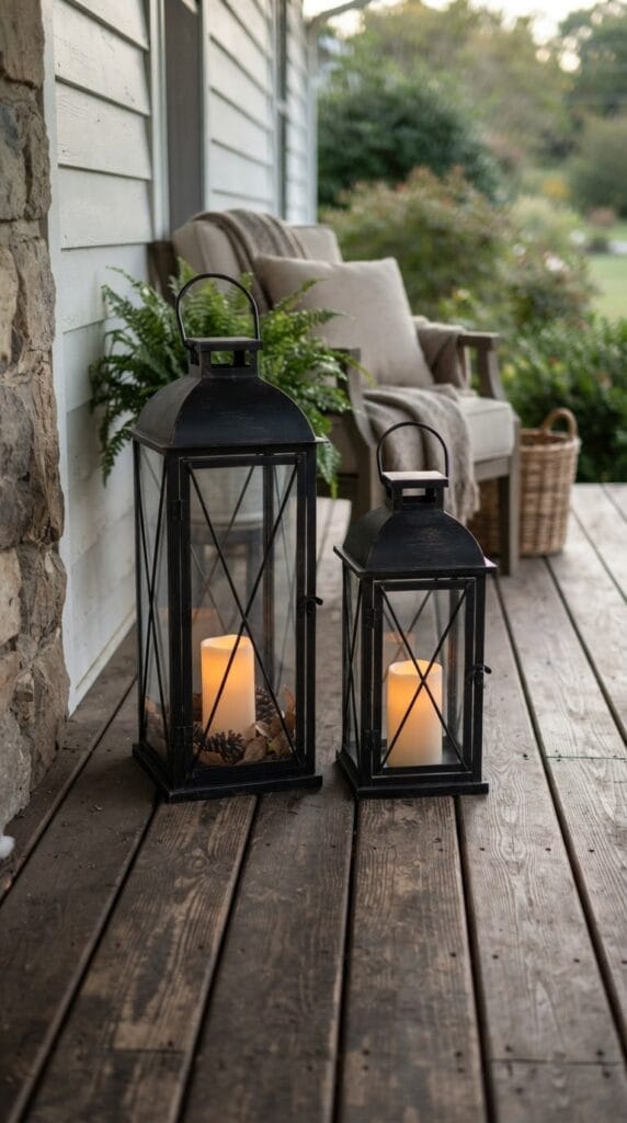 The Ultimate Fall Front Porch Decor Checklist You Need 6 Two classic black metal lanterns with glowing candles inside sitting on a porch.