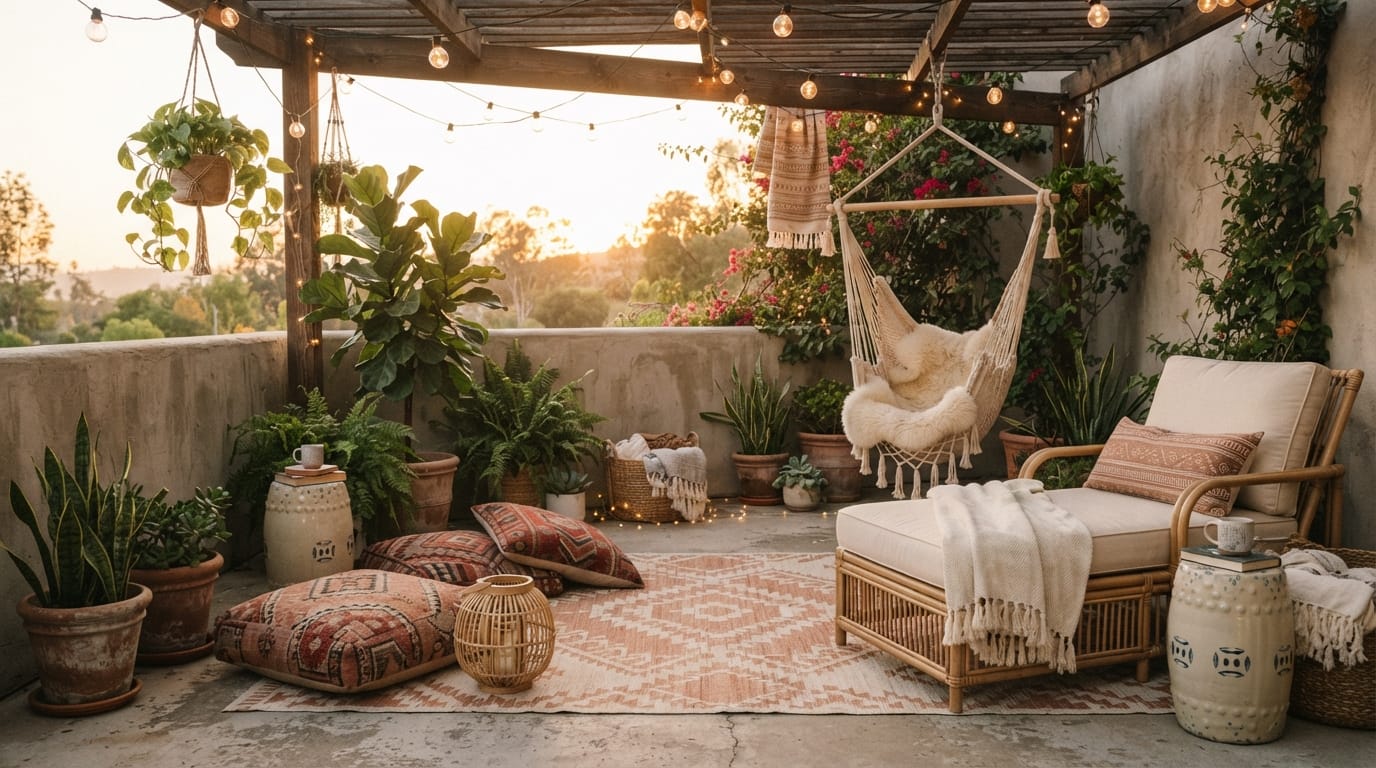 Boho Patio Decor Ideas for a Dreamy Outdoor Space 1 A cozy outdoor deck styled with rattan furniture, string lights, and textiles.