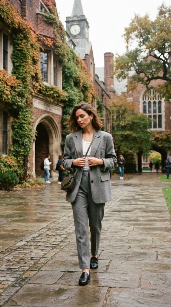 Oversized grey boiled wool blazer and trousers set in a brick courtyard.