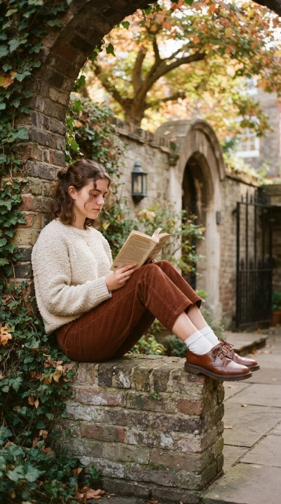 Cream bouclé sweater and rust corduroy pants worn with leather oxfords.