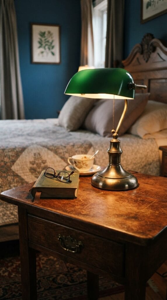 Vintage Princess Bedroom Ideas That Feel Like a Storybook Come to Life 10 A classic brass banker's lamp with its green shade glowing on wood.