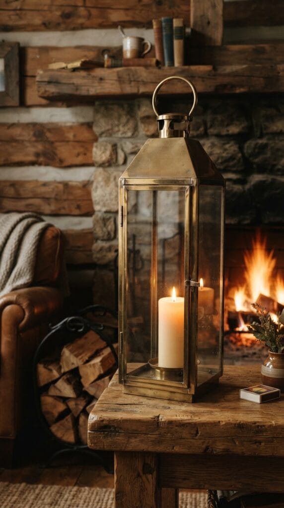 16 Fall Centerpiece Ideas for Your Dining Table 16 A tall brass lantern with a lit candle glowing inside on a table.