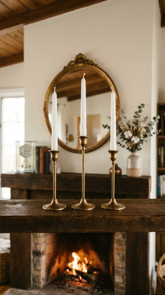 Three slender brass taper candle holders with white candles on a mantel.
