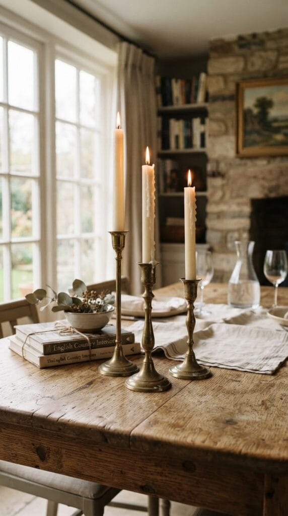 16 Fall Centerpiece Ideas for Your Dining Table 5 Three brass taper candle holders with cream candles on a dark wood table.