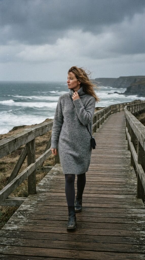 Gray alpaca sweater dress with a high funnel neck on a windy boardwalk.