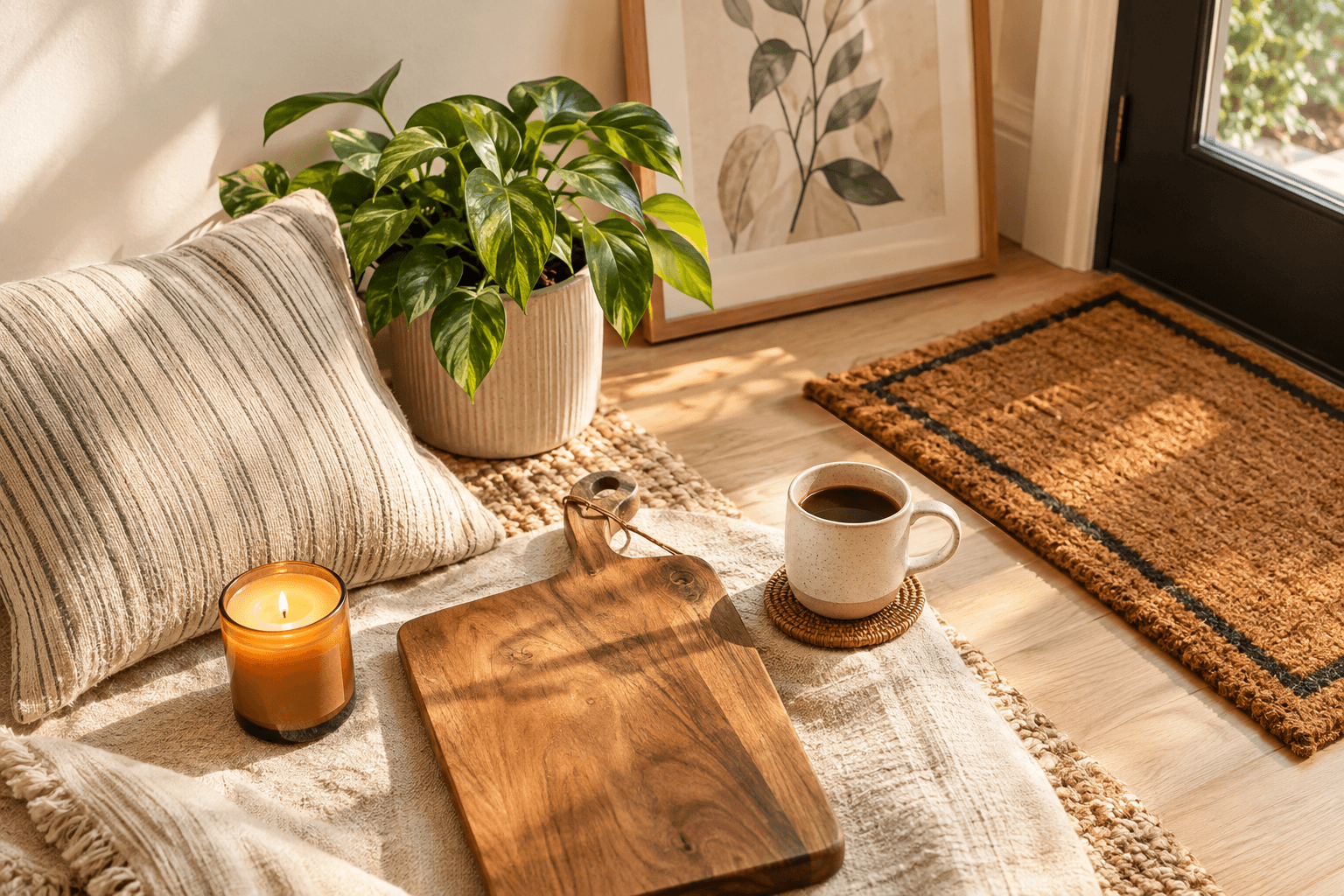 Collage of budget housewarming items styled together in a bright, sunlit new home