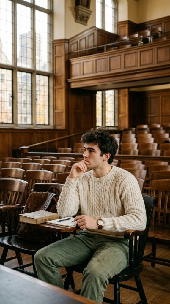 Casual Campus Style for Men: Fall Outfit Ideas for College Guys 3 Male student in a cream cable-knit sweater and green chinos in a classroom.