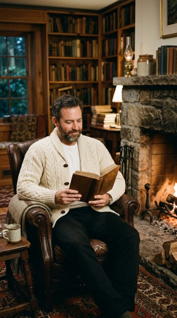 Man wearing a cream cable-knit fisherman cardigan by a fireplace.