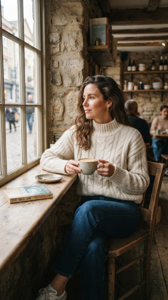 A woman wearing a cream mock-neck sweater and indigo straight-leg jeans in a cafe.