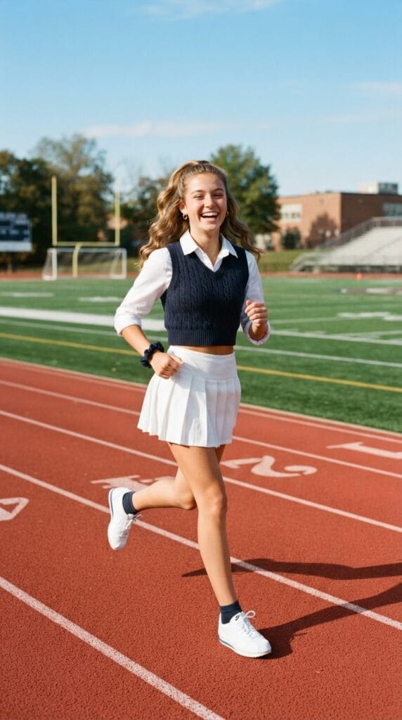 Navy cable-knit cropped vest over a tennis skirt on a school track field.