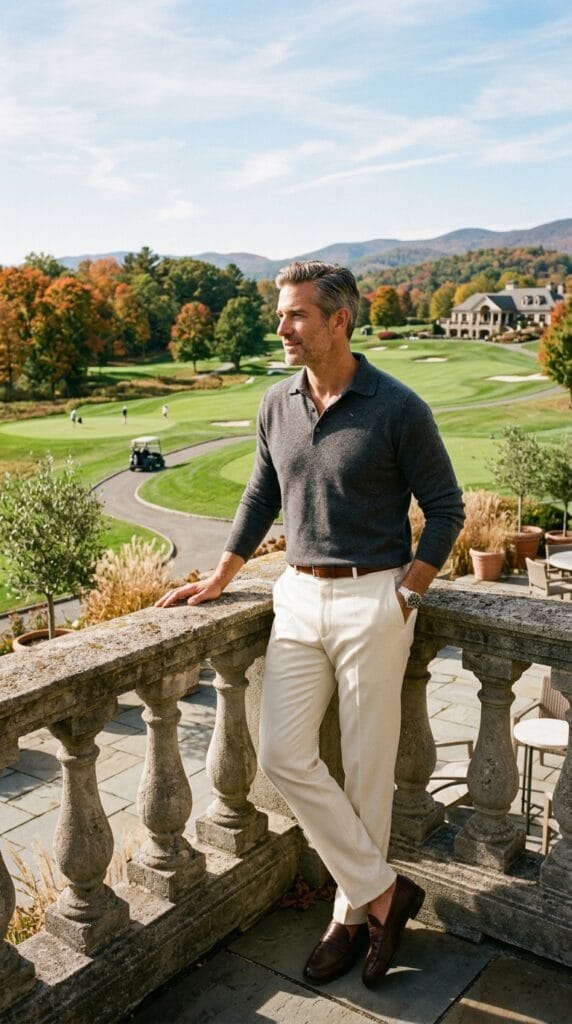 Man in charcoal cashmere knit polo on a terrace.