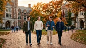 College guys walking across campus in stylish fall outfits including sweaters and jackets.