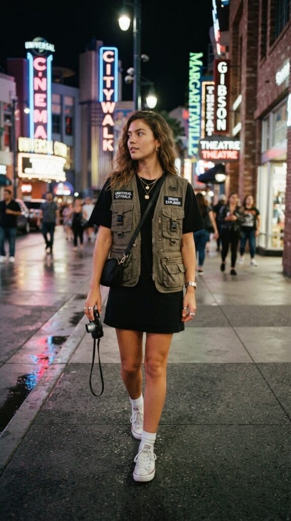 A black t-shirt dress layered with a multi-pocket olive green utility vest.