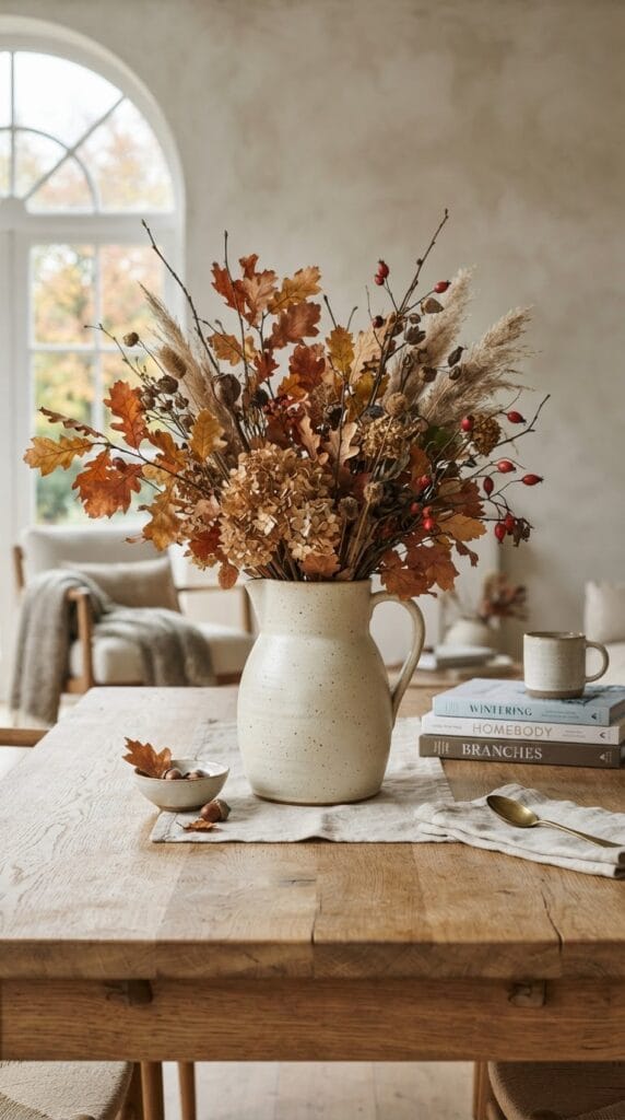 16 Fall Centerpiece Ideas for Your Dining Table 4 A cream matte ceramic pitcher holding dried brown branches on a table.