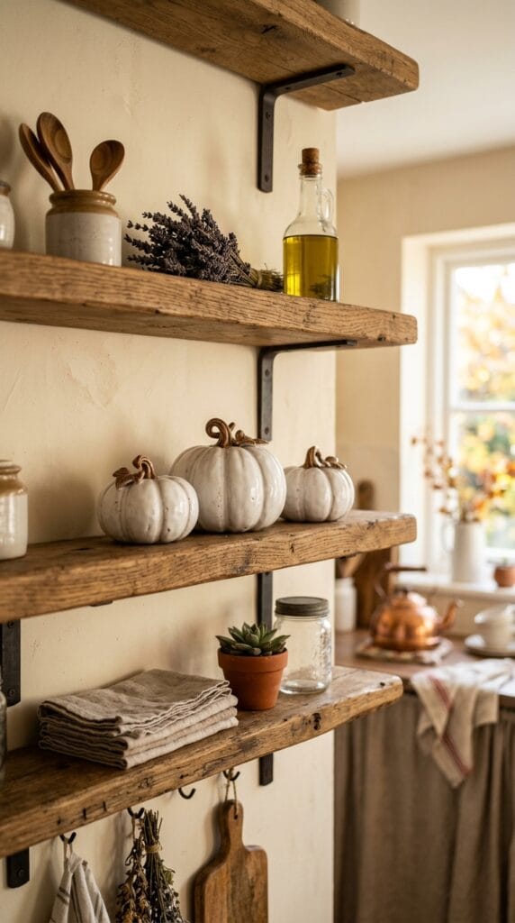 Three small white ceramic pumpkins displayed on open rustic wooden kitchen shelves.