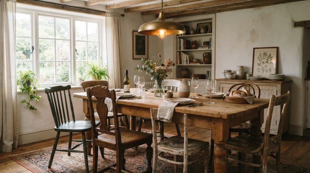 A rustic wood dining table paired with mismatched antique wooden chairs.