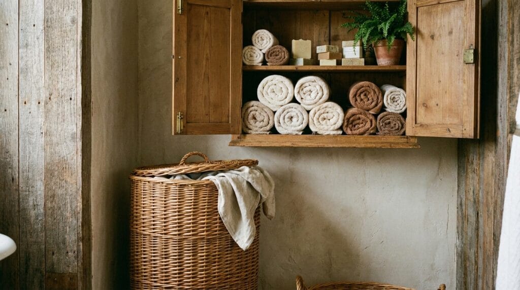 A bathroom storage setup with a woven hamper and wood cabinet.