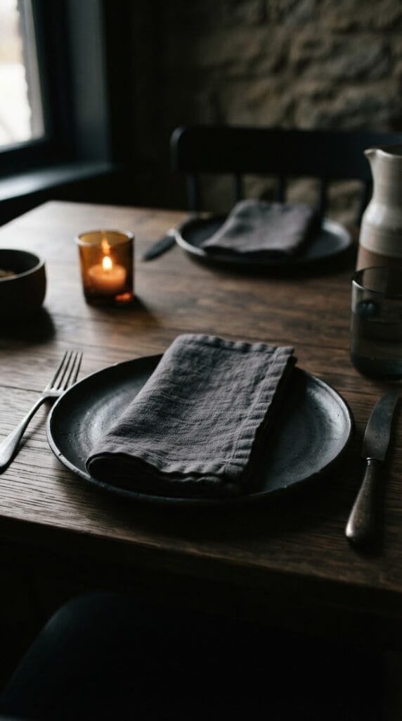 15 Halloween Table Decor Ideas for a Spooky Dinner Party 9 Soft charcoal linen napkins folded beautifully on a dark plate setting