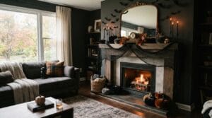 A moody living room decorated with elegant, budget-friendly spooky chic Halloween accents.