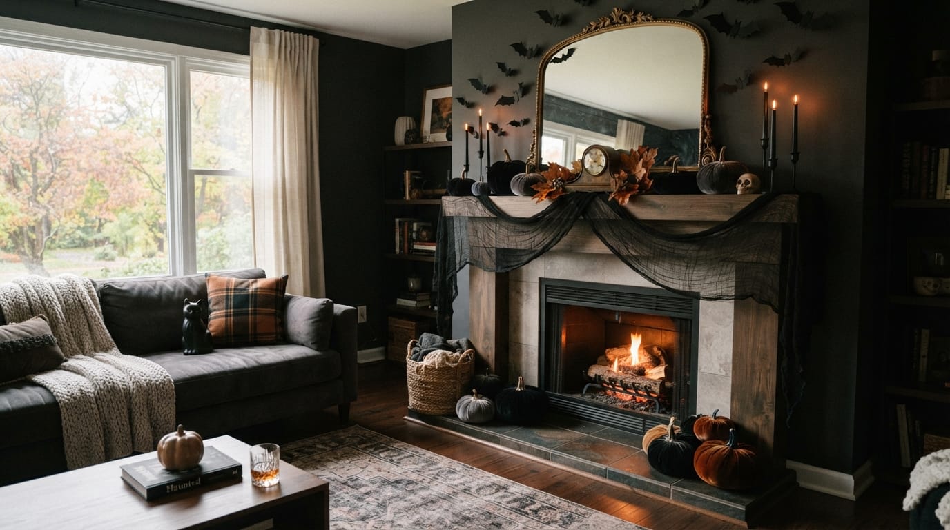Cheap Halloween Decor Ideas That Still Look Spooky Chic 1 A moody living room decorated with elegant, budget-friendly spooky chic Halloween accents.
