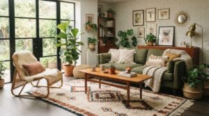 A sunlit mid-century living room beautifully styled with organic bohemian textiles and plants.