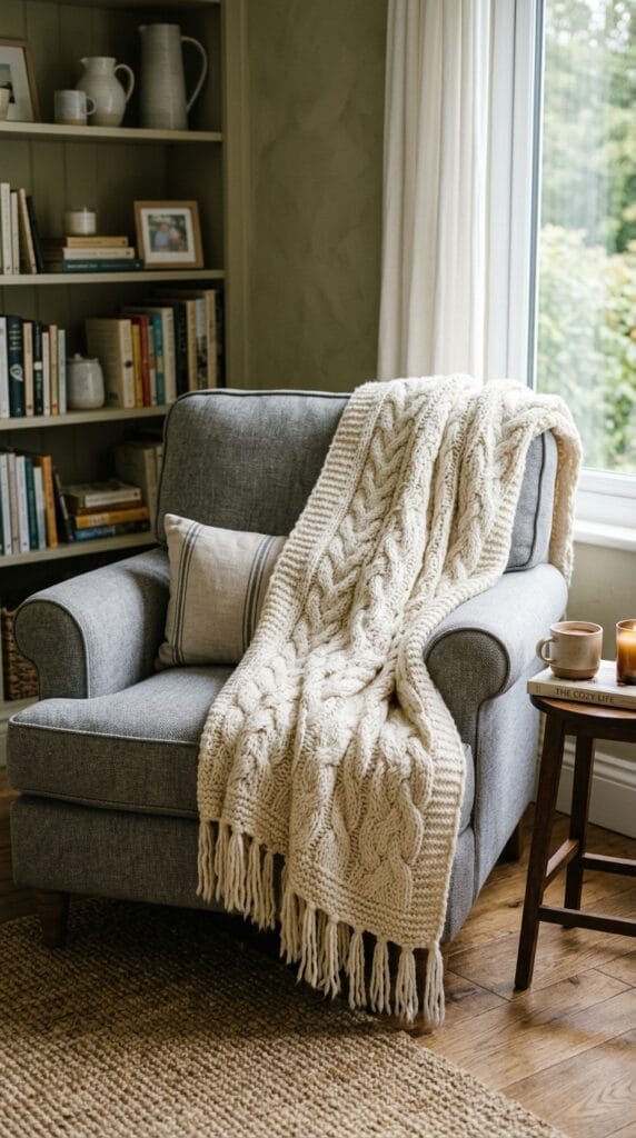 A thick cream colored knit throw blanket draped over a grey armchair.