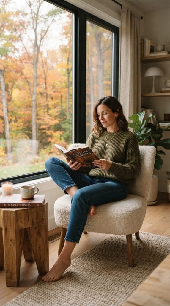 A woman wearing an olive green waffle knit sweater and tapered ankle jeans.