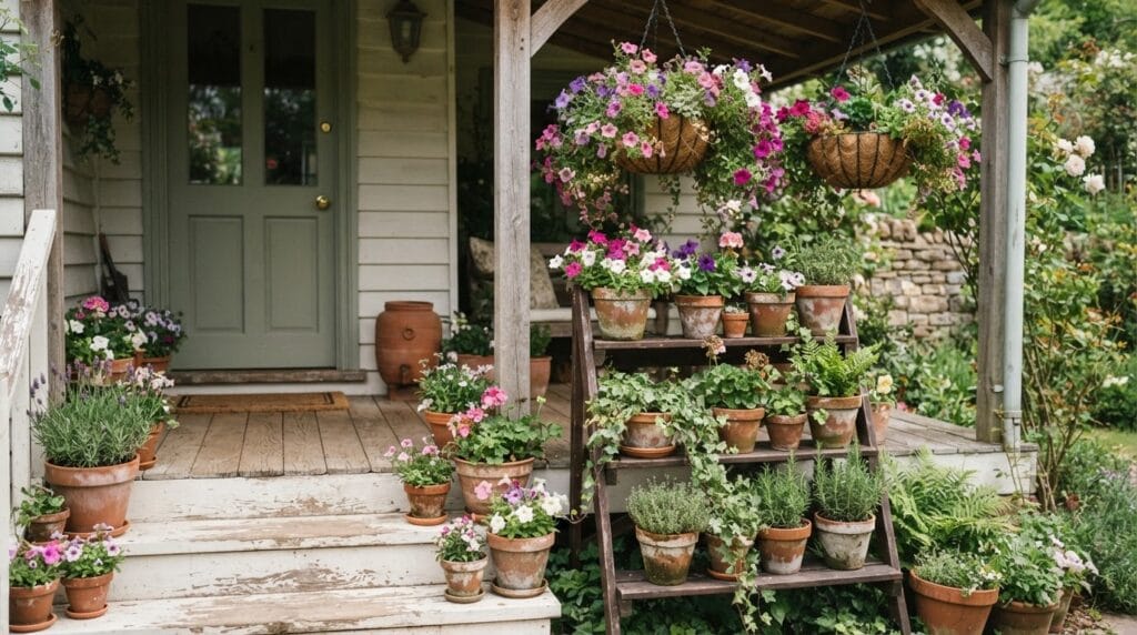Porch steps filled with terracotta planters and a wooden plant stand.