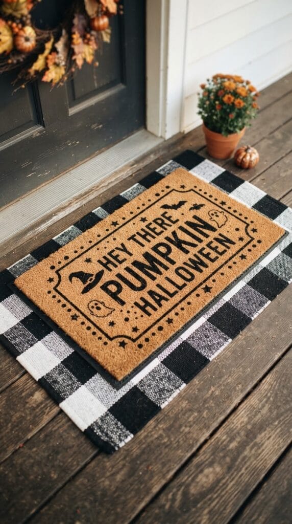 A textured coir Halloween doormat styled over a black and white plaid rug.
