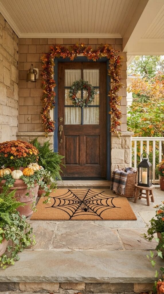 20 Halloween Decor 2026 Ideas for a Spooky Stylish Home 20 A natural coir doormat featuring a bold black spiderweb graphic at an entryway.