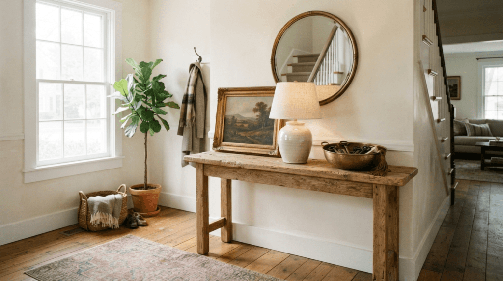 A styled entryway featuring a weathered wood console table and vintage decor items.
