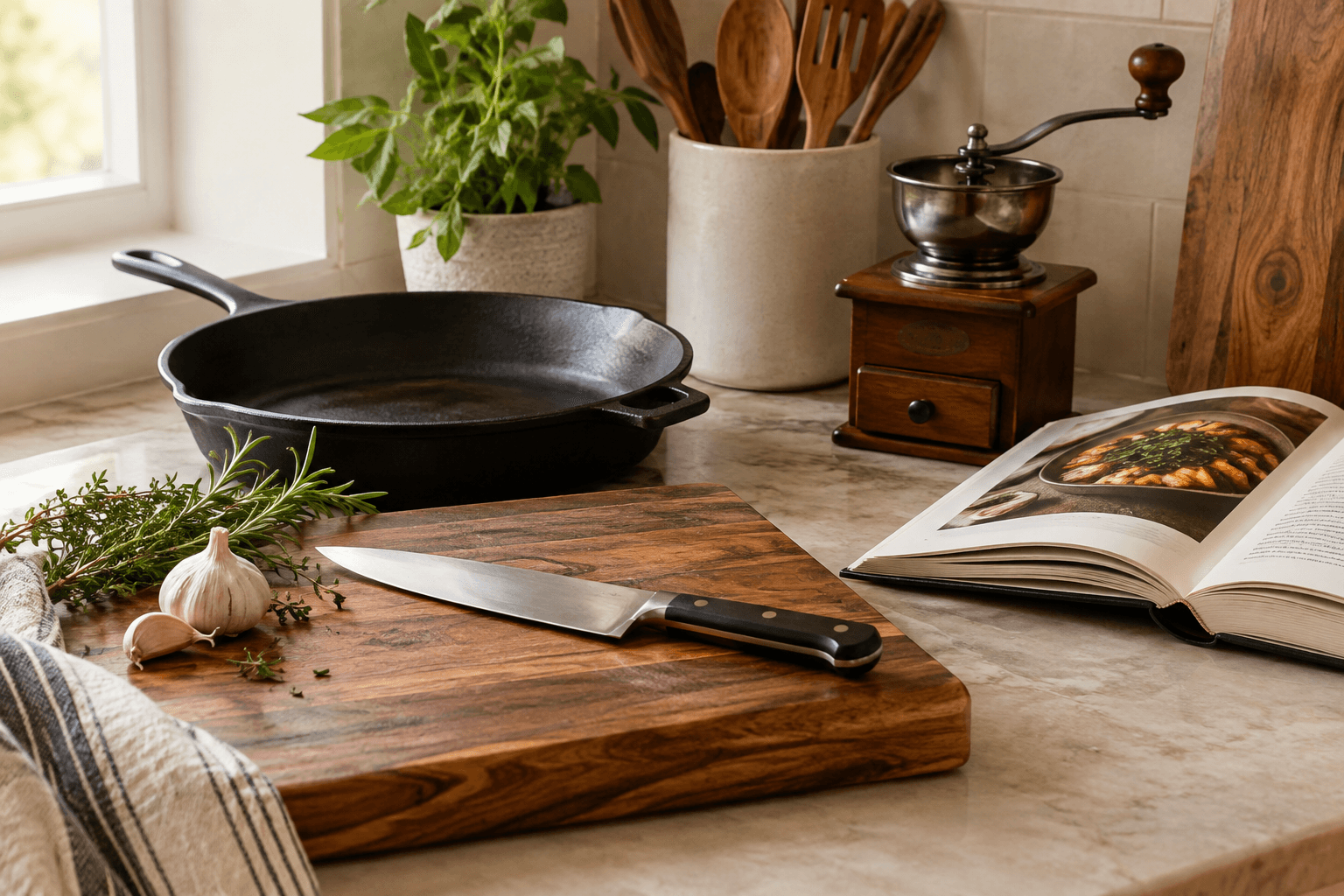 Cooking Lover Gift Ideas for Someone Always in the Kitchen 1 Kitchen counter styled with cooking tools and gifts for a home cook