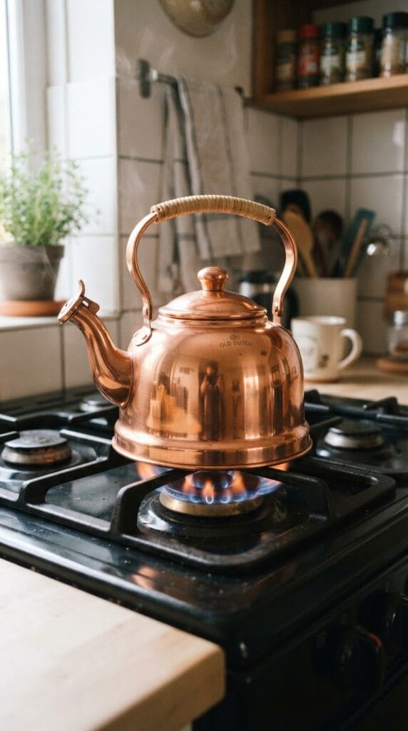 A polished copper tea kettle sitting on a classic gas stove burner.