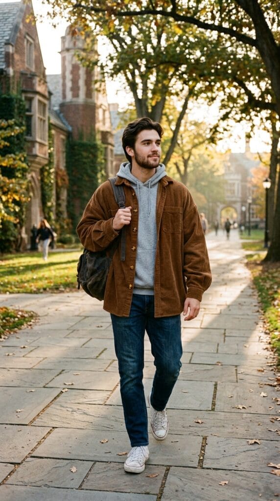 Casual Campus Style for Men: Fall Outfit Ideas for College Guys 2 College guy wearing a brown corduroy overshirt over a gray hoodie on campus.
