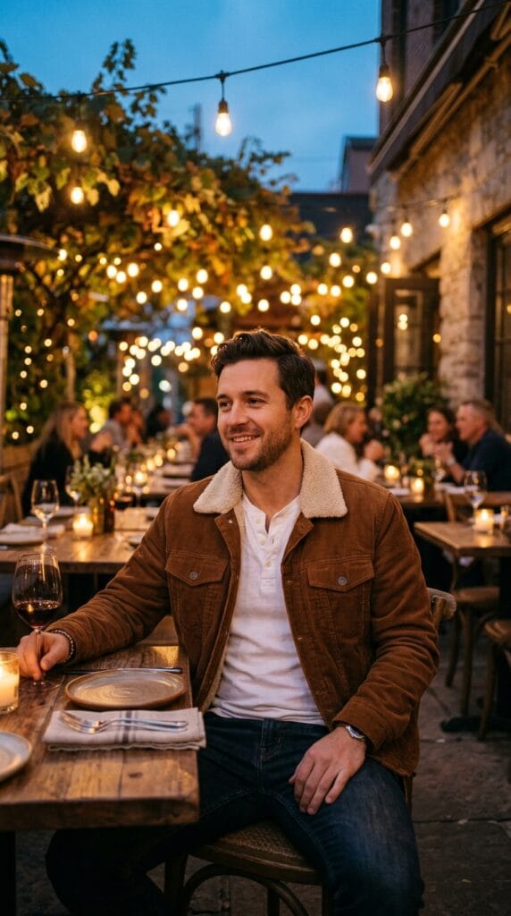 Man wearing a brown corduroy trucker jacket over a cotton henley.