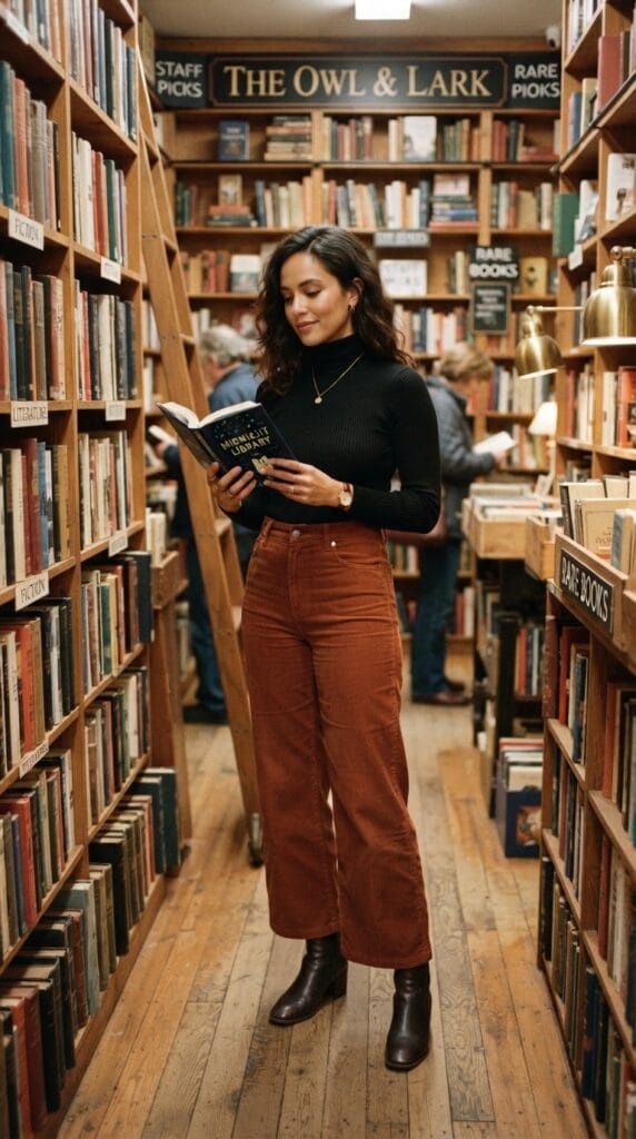Rust corduroy wide-leg trousers and a black turtleneck in a warm bookstore.