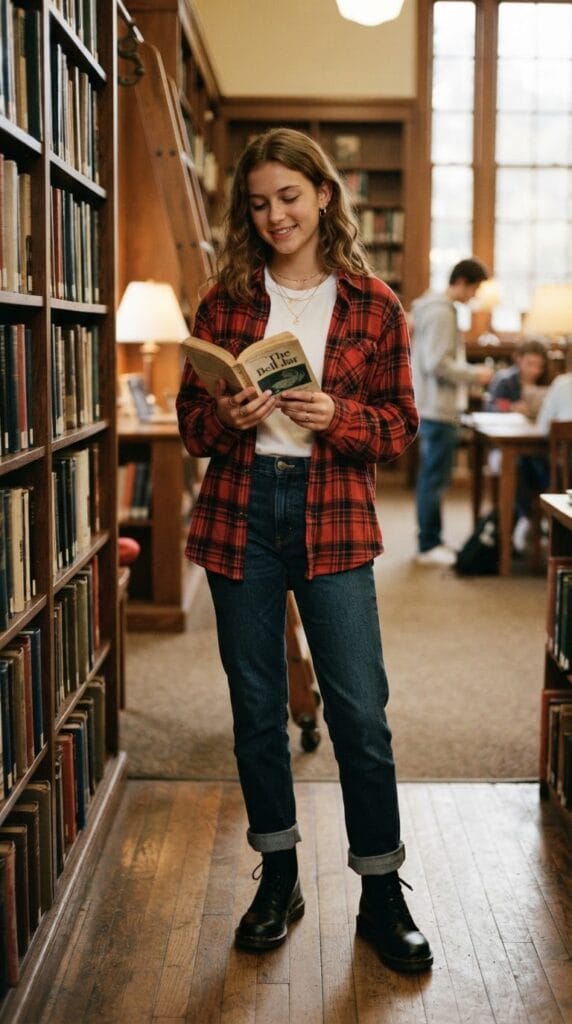 Classic plaid cotton flannel shirt paired with dark wash straight-leg jeans in the library.