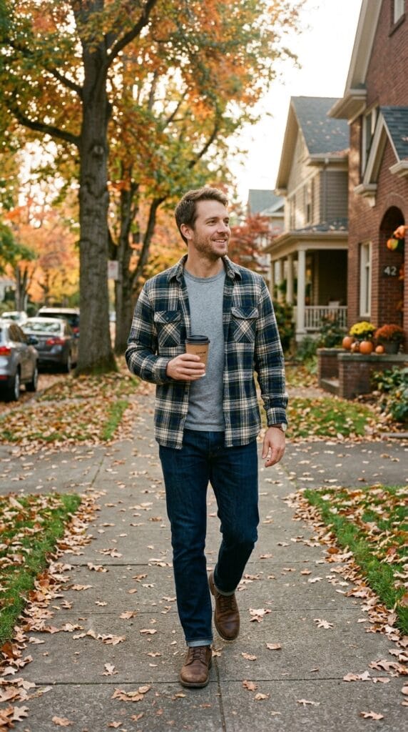Man wearing a navy and green plaid cotton flannel overshirt on an autumn street.