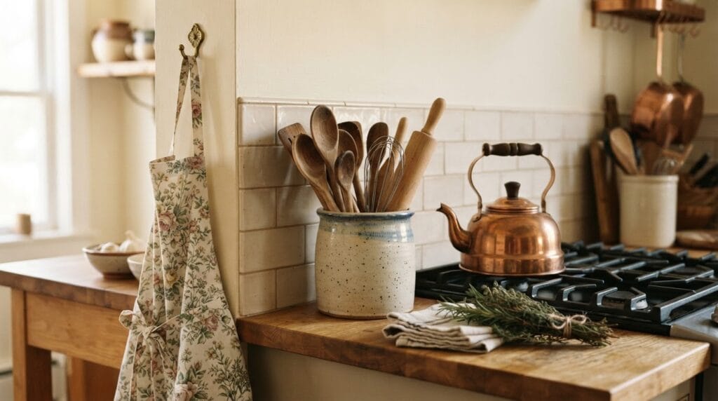 A kitchen counter with copper kettle and a ceramic crock filled with wooden spoons.