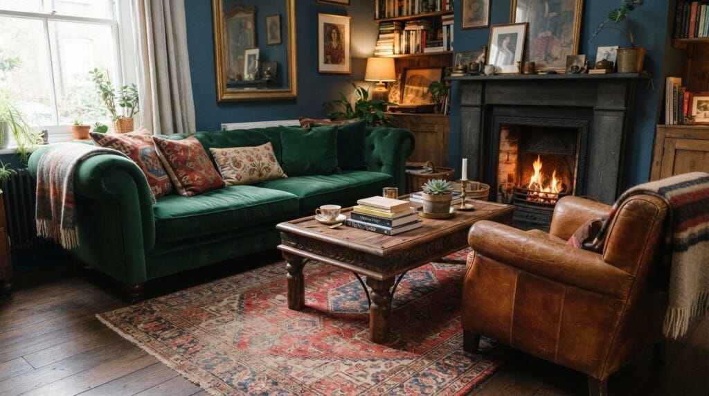 A living room seating area with a green velvet sofa and leather chair.