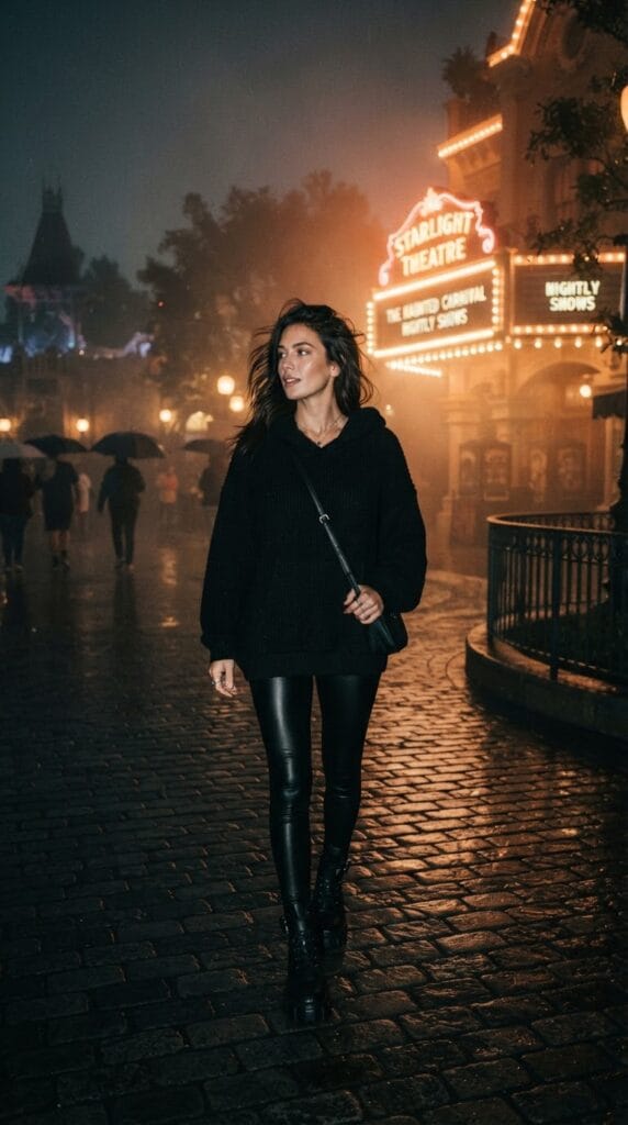 An oversized black hoodie layered over sleek, high-rise black faux leather leggings.