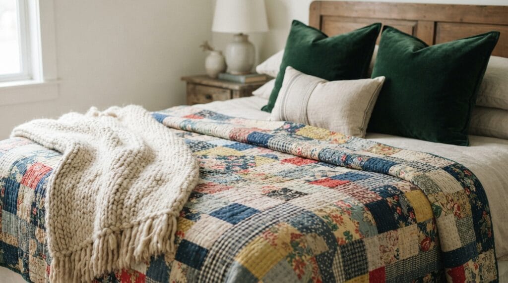 Layered bedroom bedding with a patchwork quilt and velvet accent cushions.