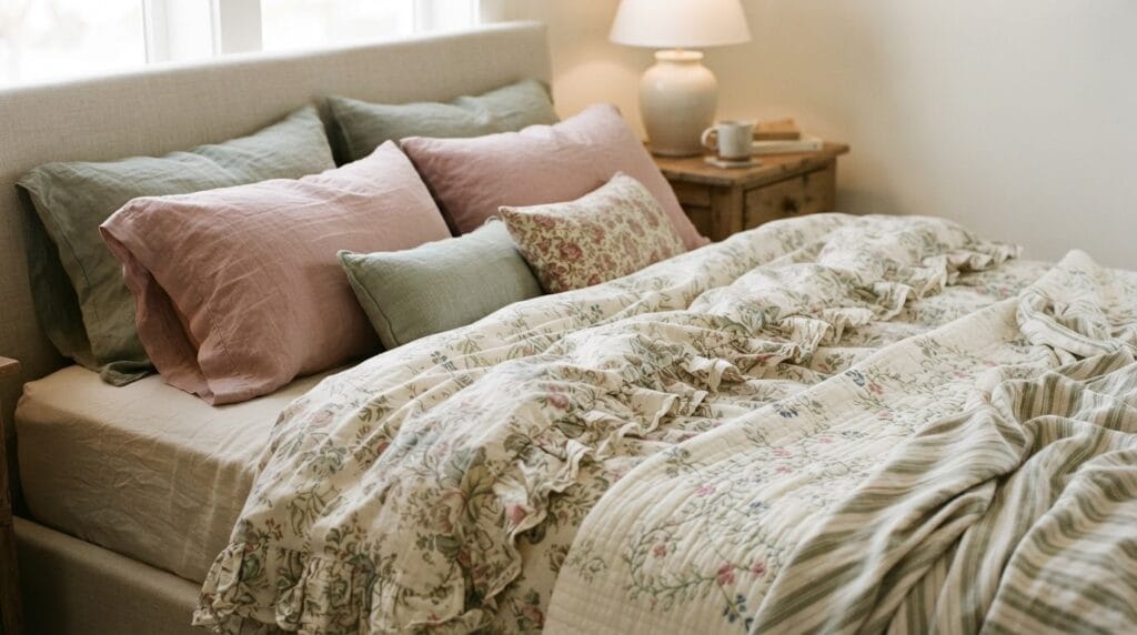 A beautifully layered bed with floral duvet cover and embroidered pastel quilts.