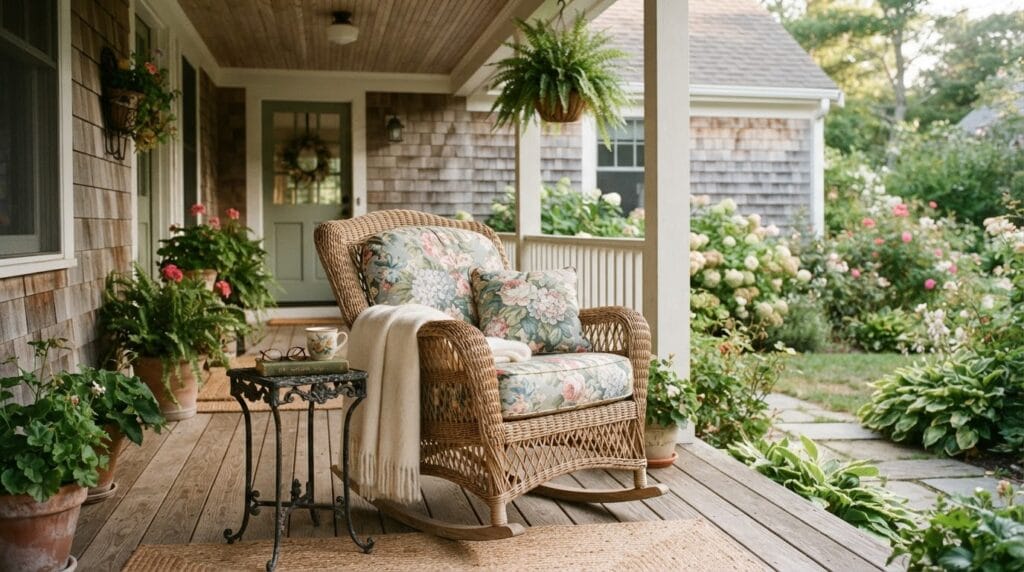 A front porch veranda with a natural wicker rocking chair and cushions.