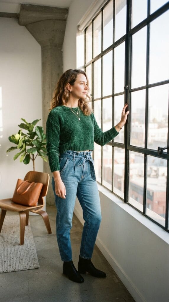 A woman in a cropped green chenille sweater and paperbag waist jeans.