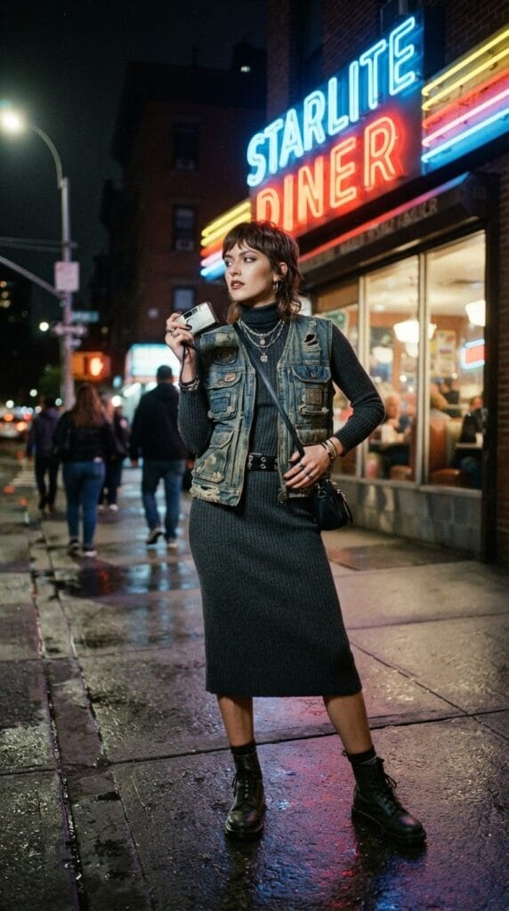 A dark ribbed knit midi dress layered under a sleeveless cropped denim vest.
