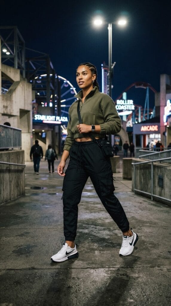 An olive green cropped fleece pullover paired with black cargo nylon joggers on pavement.